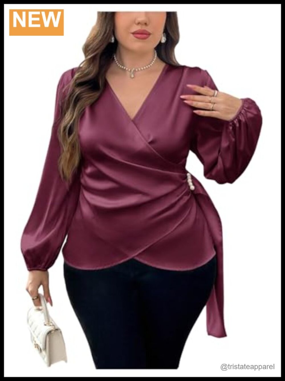 Plus Size Satin Wrap Top Cocktail Blouse Long Sleeve V-Neck Asymmetric